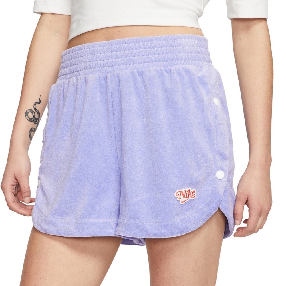 Nike High Waist Side Button Terry Shorts in Light Thistle